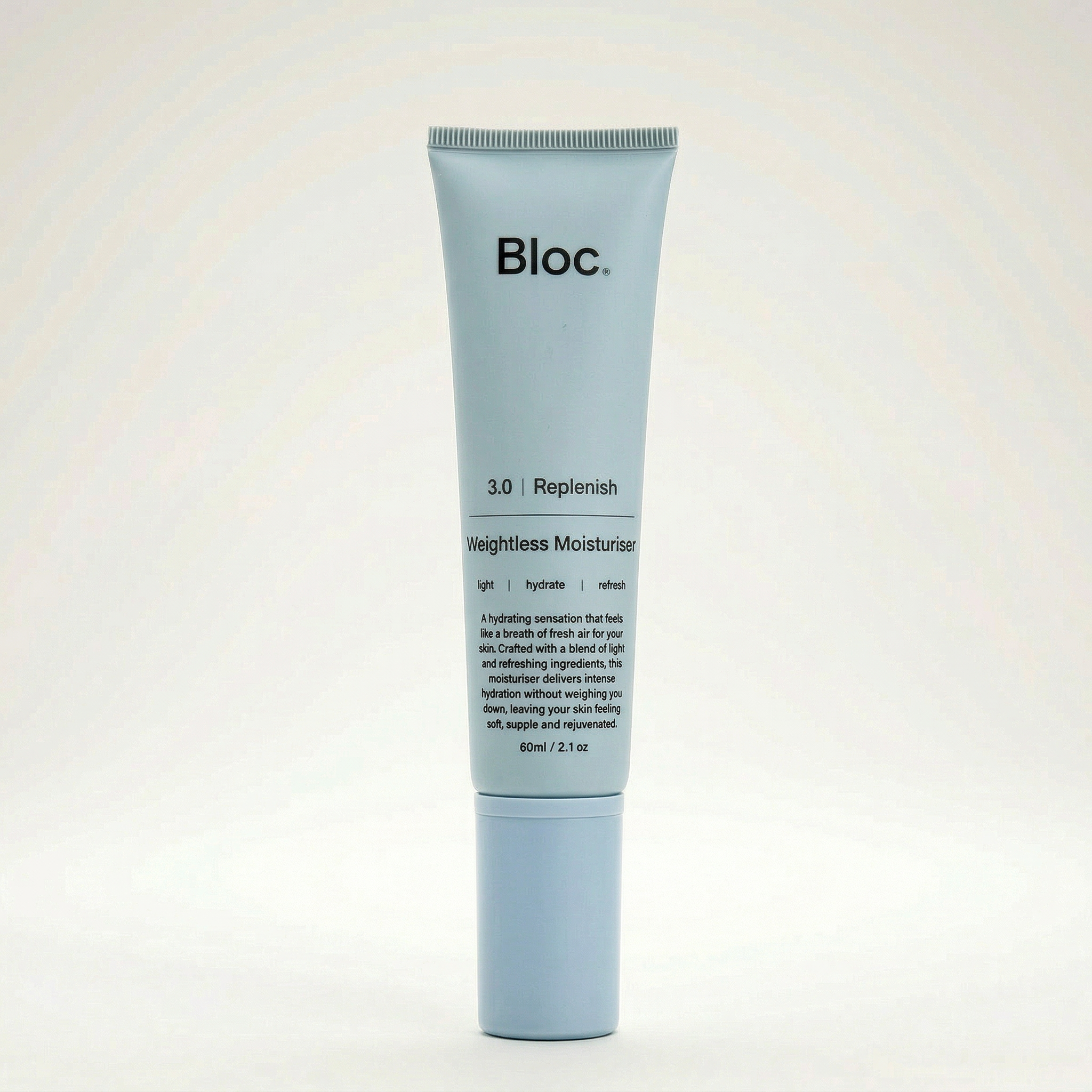 Bloc Weightless Moisturiser 60ml, a lightweight gel moisturiser for oily and combination skin, dermatologist-formulated
